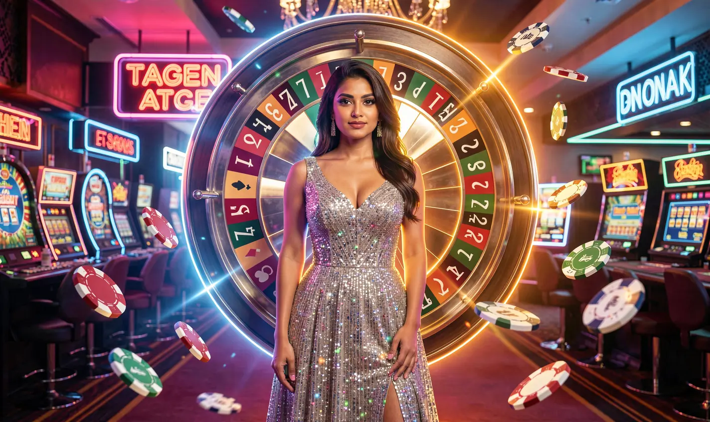 988BD Bonus – Unlock exciting rewards and start winning today Attractive casino hostess with a glowing roulette wheel and flying chips representing premium gaming excitement and generous bonuses at 988BD in Bangladesh