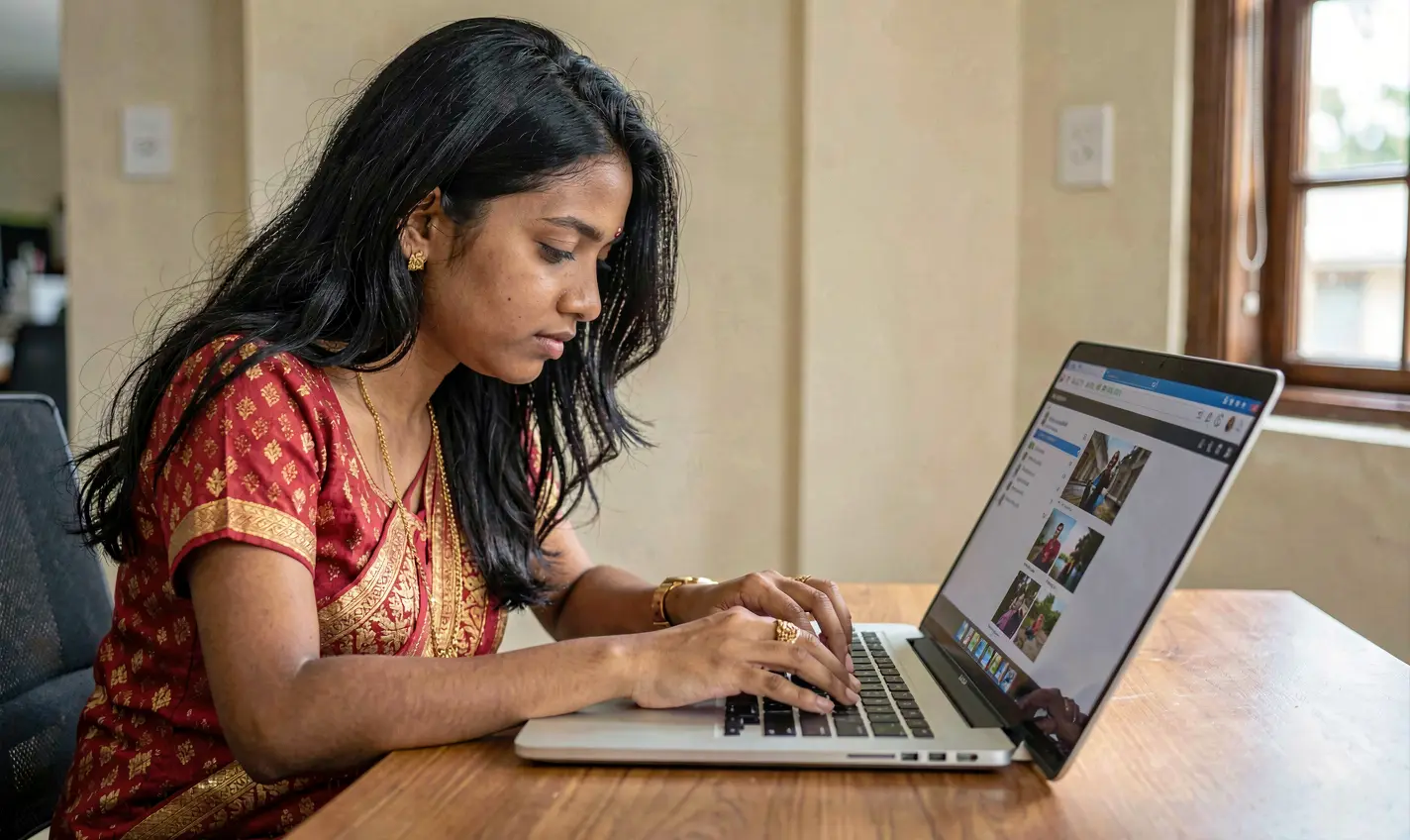 Focused Bangladeshi woman exploring online casino games on a laptop with immersive visuals while playing on 988BD gaming platform
