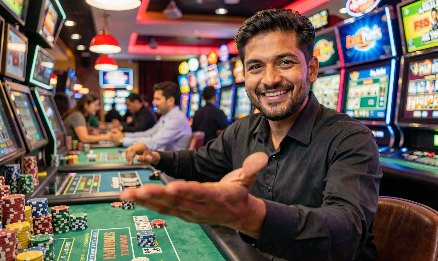 Confident Bangladeshi casino dealer pointing forward with floating poker chips representing trusted access and excitement at 988BD casino