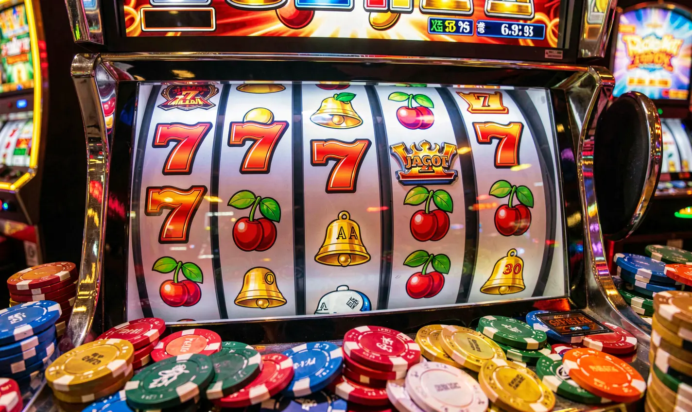 988BD – Explore a wide range of exciting slot games in Bangladesh Close-up view of a modern slot machine with glowing reels and casino chips representing the high quality slot games available at 988BD casino in Bangladesh